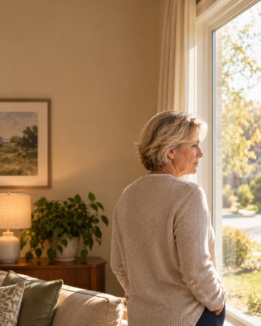 A woman in her late 50s looking out of her living room window